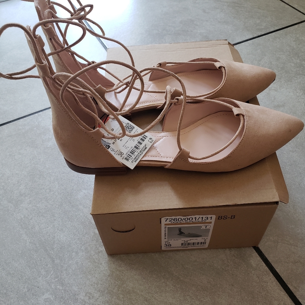 Zara Taupe Lace Up Flats - Picture 9 of 12